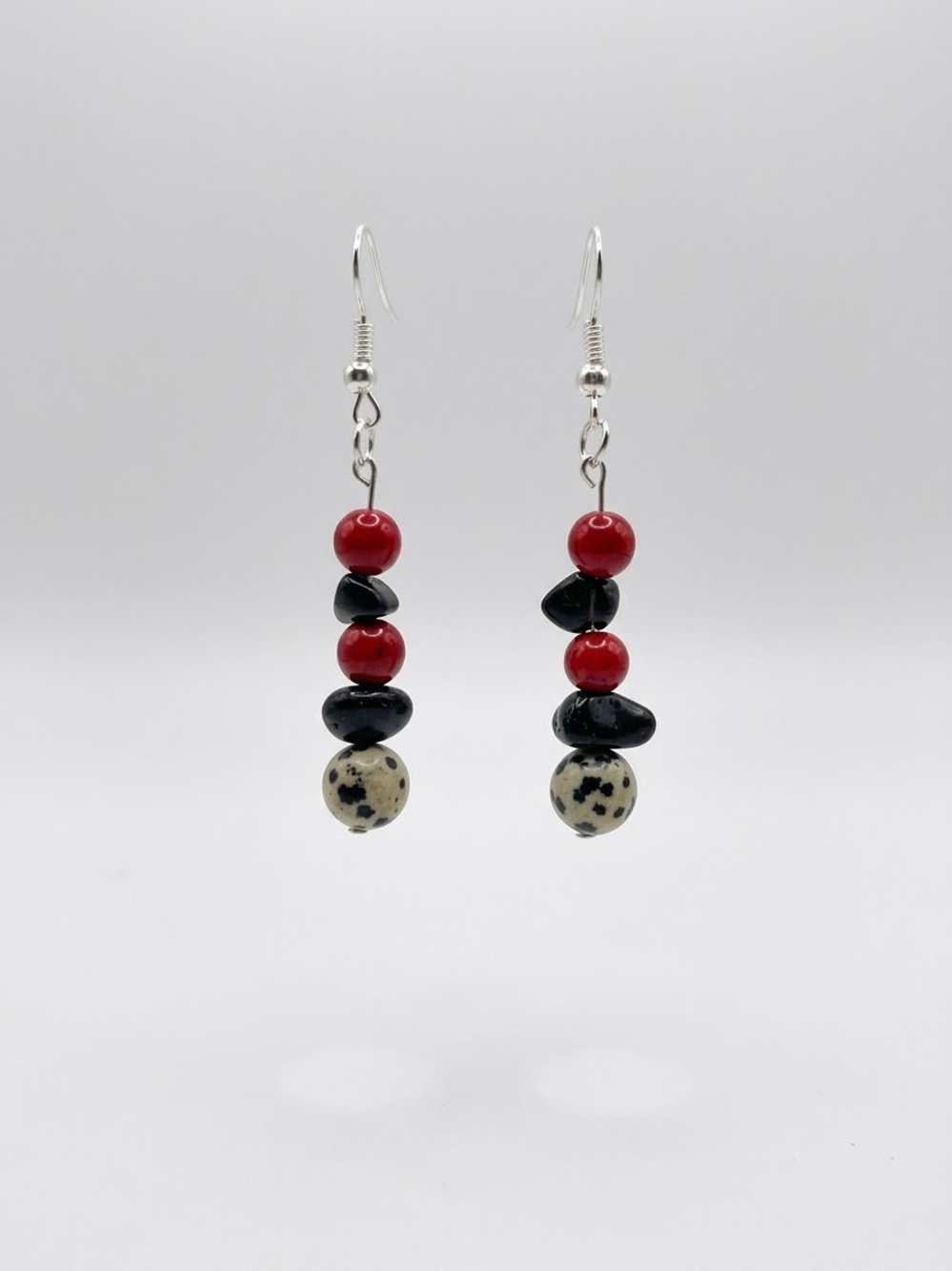 Dalmatian Jasper & Red/Black Bead Drop Earrings